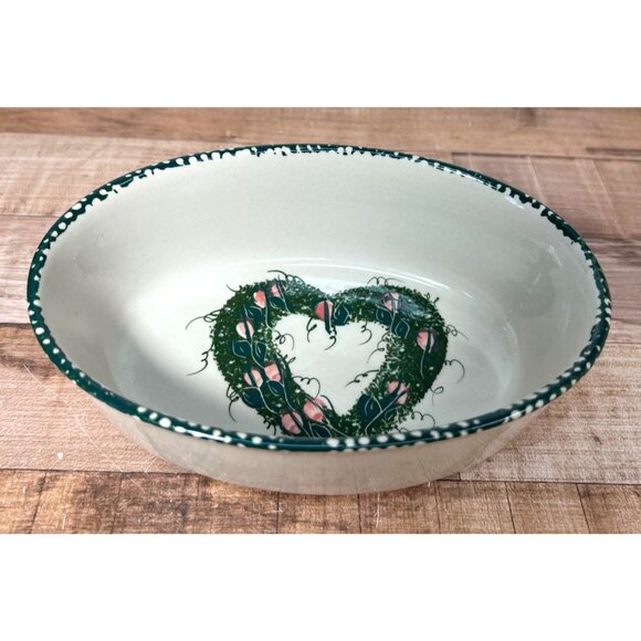 Handcrafted Stoneware Oval Bowl With Heart & Leaf Design - Picture 1 of 5